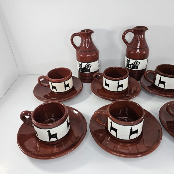 Los Reyes Lima Peru Art Pottery Cup Saucer Pitcher Llama Alpaca Ca Hand Painted - Picture 3 of 16